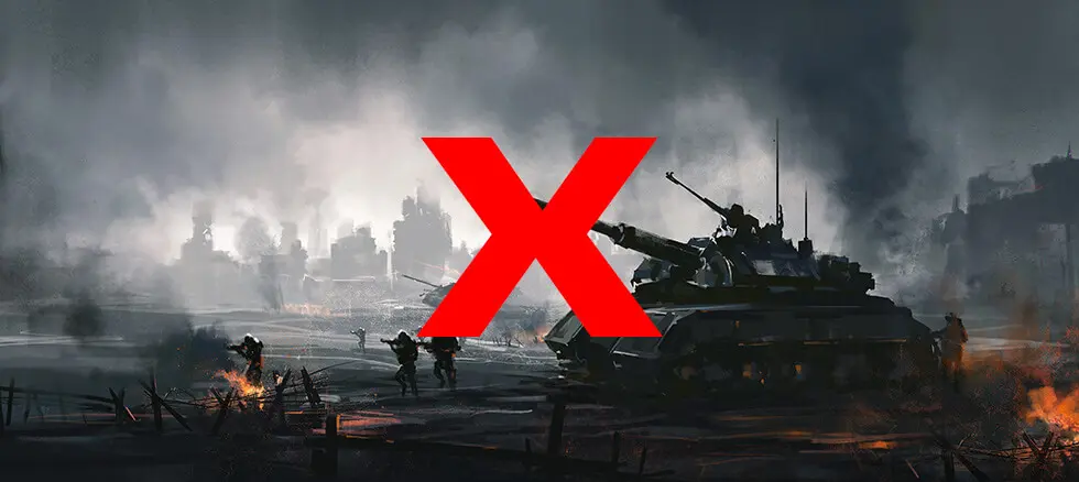 Battlefield scene with soldiers, a tank, and a city engulfed in smoke, overlaid by a large red 'X' indicating prohibition or cancellation